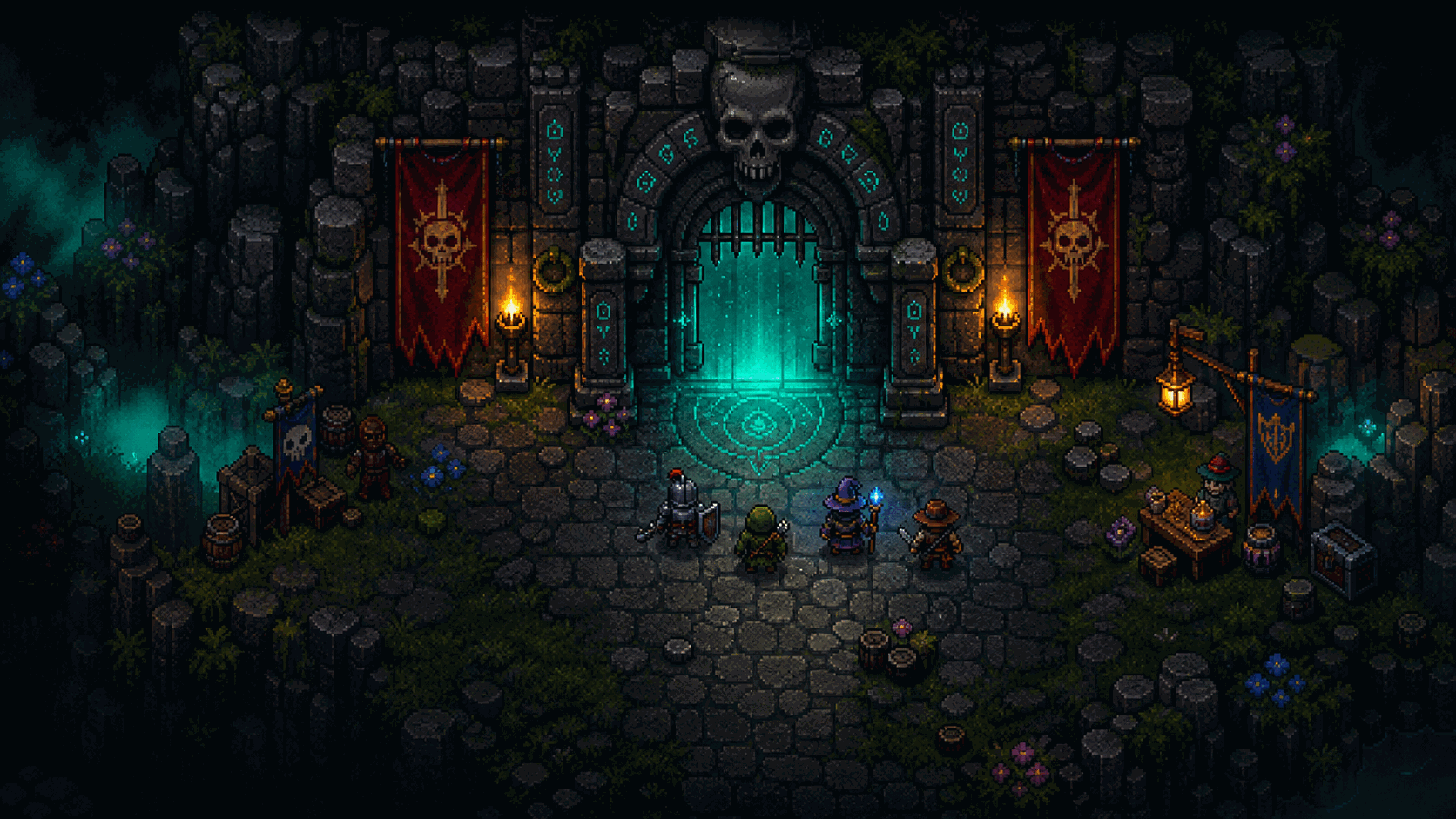 Pixel-art heroes before a cursed dungeon gate glowing spectral teal