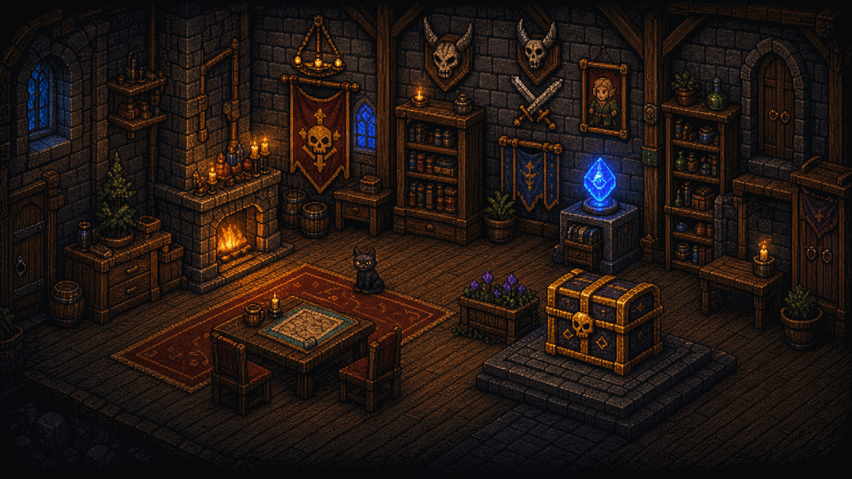 A player's candle-lit keep, trophies and relics on the walls