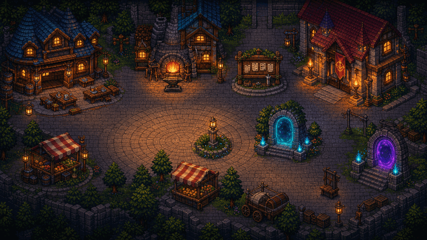 The living town square at dusk, lit by lanterns and portals