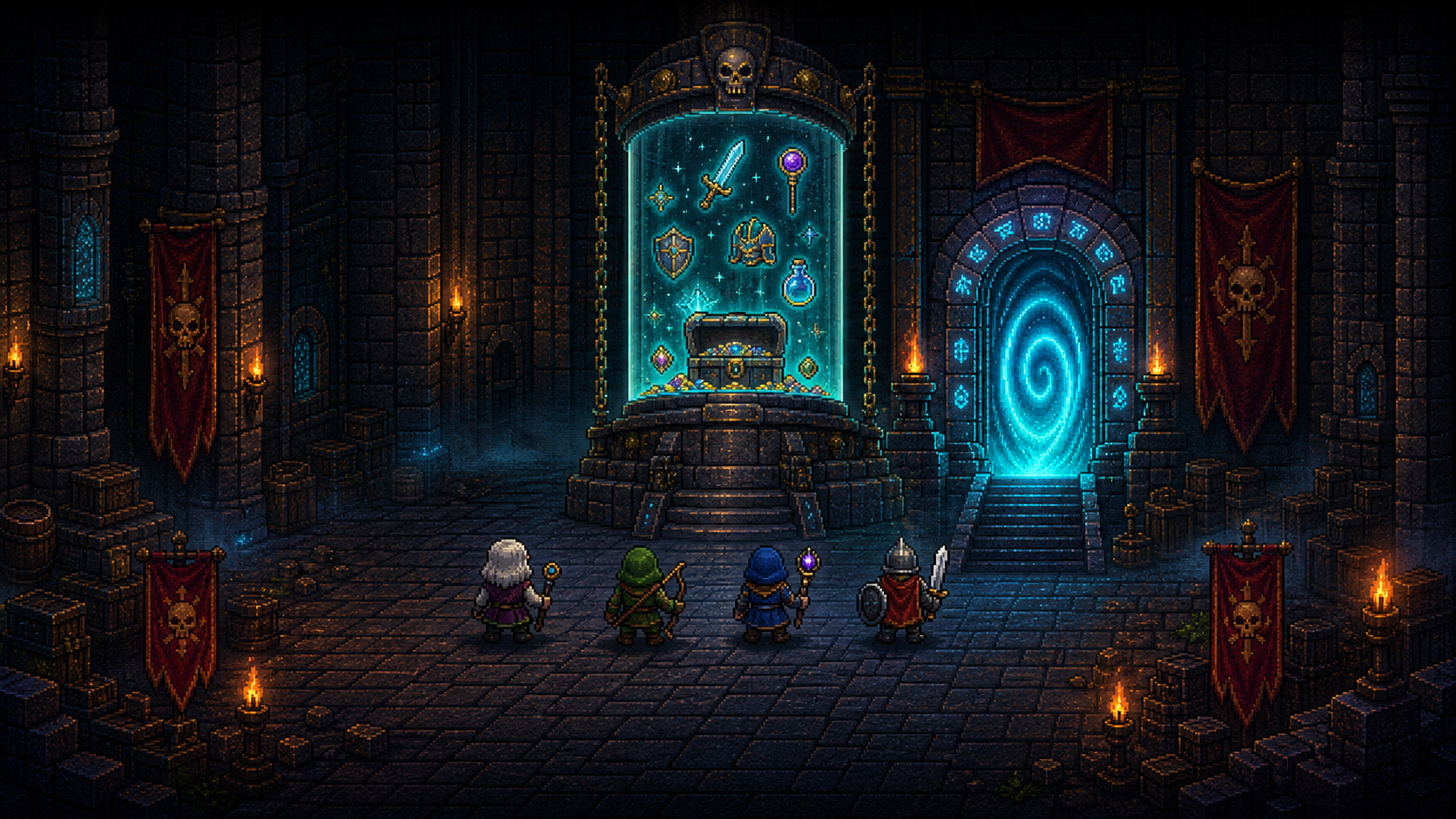 The seasonal vault and the Season Zero portal in a stone hall