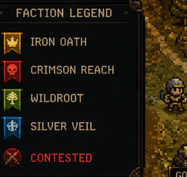 Faction legend — Iron Oath, Crimson Reach, Wildroot, Silver Veil, Contested