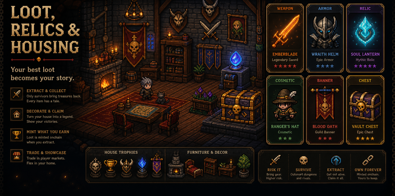 Loot, relics and housing overview with item cards and player house interior