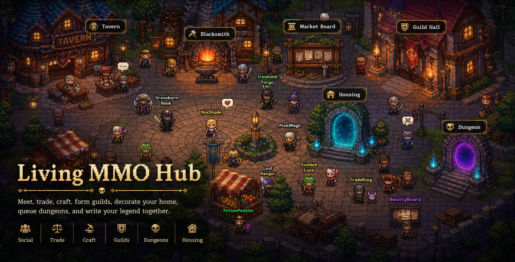 Living MMO hub town square with labels, NPCs, portals and navigation